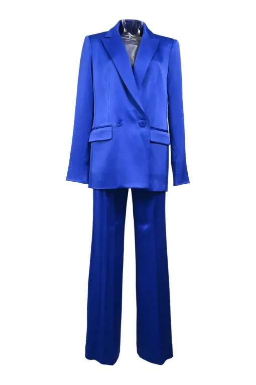 Cobalt blue triacetate-blend satin two-piece suit set featuring peak lapel tailored jacket and wide-leg trousers
