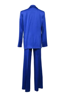 Cobalt blue triacetate-blend satin two-piece suit set featuring peak lapel tailored jacket and wide-leg trousers