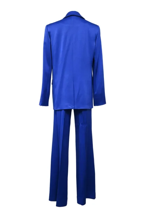 Cobalt blue triacetate-blend satin two-piece suit set featuring peak lapel tailored jacket and wide-leg trousers