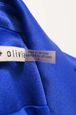 Cobalt blue triacetate-blend satin two-piece suit set featuring peak lapel tailored jacket and wide-leg trousers