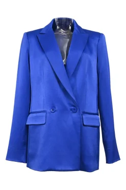 Cobalt blue triacetate-blend satin two-piece suit set featuring peak lapel tailored jacket and wide-leg trousers