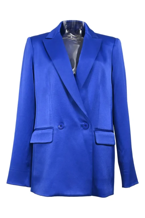Cobalt blue triacetate-blend satin two-piece suit set featuring peak lapel tailored jacket and wide-leg trousers