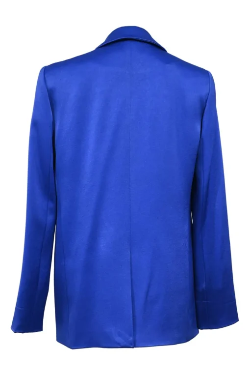 Cobalt blue triacetate-blend satin two-piece suit set featuring peak lapel tailored jacket and wide-leg trousers