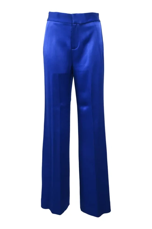 Cobalt blue triacetate-blend satin two-piece suit set featuring peak lapel tailored jacket and wide-leg trousers