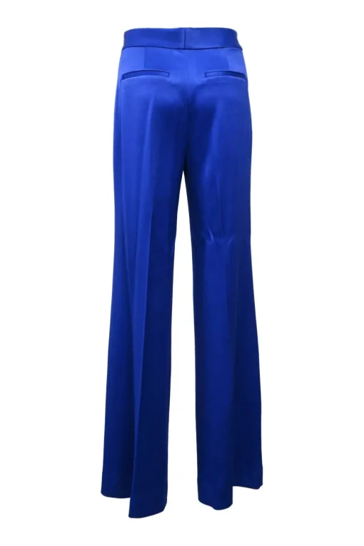 Cobalt blue triacetate-blend satin two-piece suit set featuring peak lapel tailored jacket and wide-leg trousers