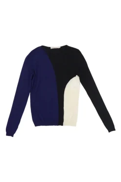 Cobalt blue virgin wool colour-block intarsia knit crewneck pullover sweater
