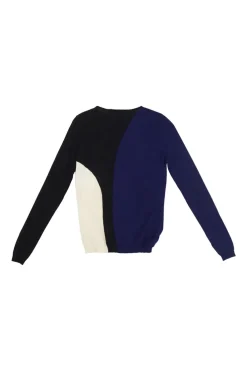 Cobalt blue virgin wool colour-block intarsia knit crewneck pullover sweater