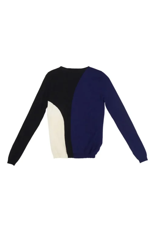 Cobalt blue virgin wool colour-block intarsia knit crewneck pullover sweater