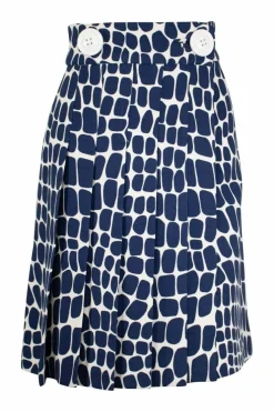 Cobalt blue wool trompe l'oeil croc print a-line skirt with two large buttons at waistline