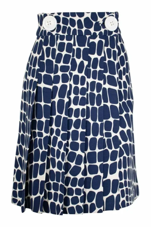 Cobalt blue wool trompe l'oeil croc print a-line skirt with two large buttons at waistline