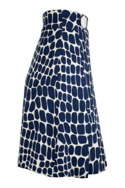 Cobalt blue wool trompe l'oeil croc print a-line skirt with two large buttons at waistline