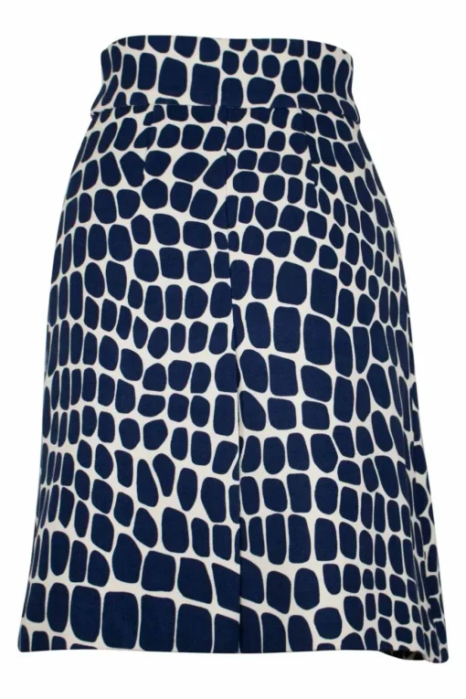 Cobalt blue wool trompe l'oeil croc print a-line skirt with two large buttons at waistline
