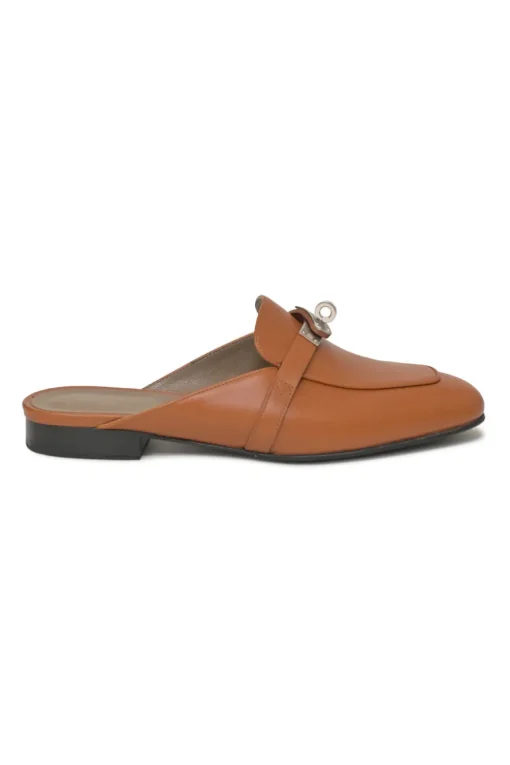 Cognac Heritage calfksin Oz slip-on mules with palladium-plated Kelly buckle