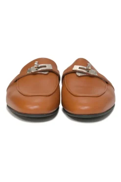 Cognac Heritage calfksin Oz slip-on mules with palladium-plated Kelly buckle