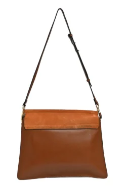 Cognac leather and suede Faye trapeze shoulder bag with adjustable strap