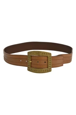 Cognac leather belt with antique brass buckle