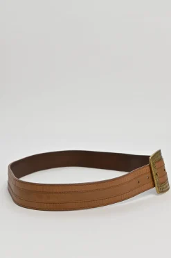 Cognac leather belt with antique brass buckle