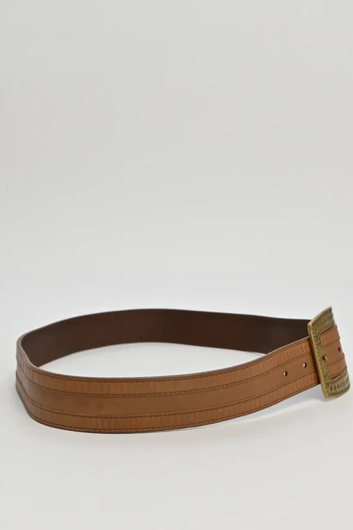 Cognac leather belt with antique brass buckle