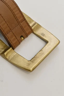 Cognac leather belt with antique brass buckle