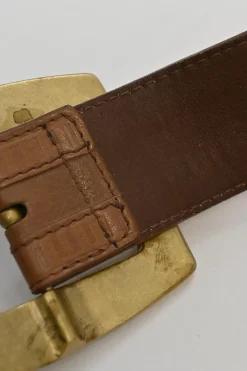 Cognac leather belt with antique brass buckle