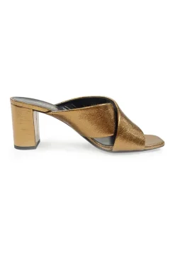 Copper foiled calfskin and leather Loulou criss-cross block heel mules