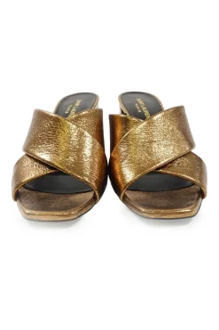 Copper foiled calfskin and leather Loulou criss-cross block heel mules