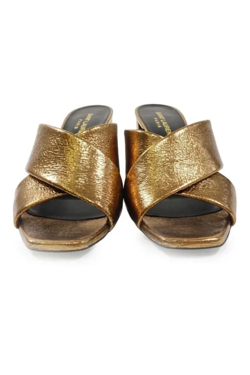 Copper foiled calfskin and leather Loulou criss-cross block heel mules