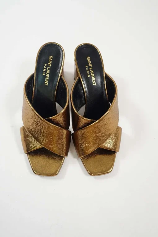 Copper foiled calfskin and leather Loulou criss-cross block heel mules