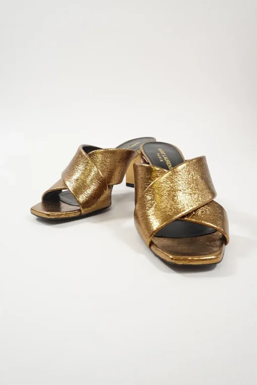 Copper foiled calfskin and leather Loulou criss-cross block heel mules