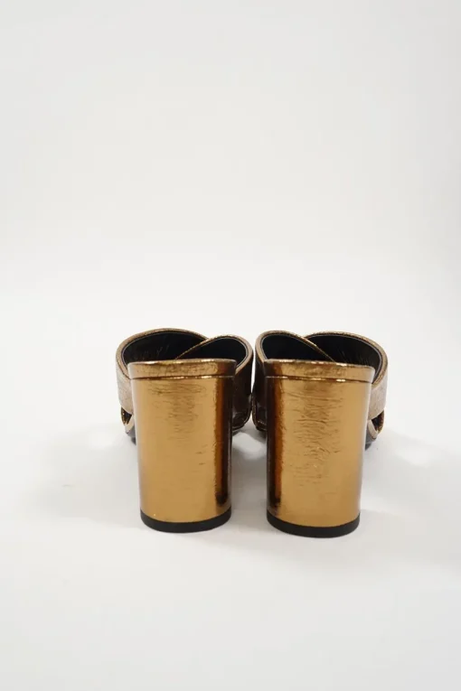 Copper foiled calfskin and leather Loulou criss-cross block heel mules