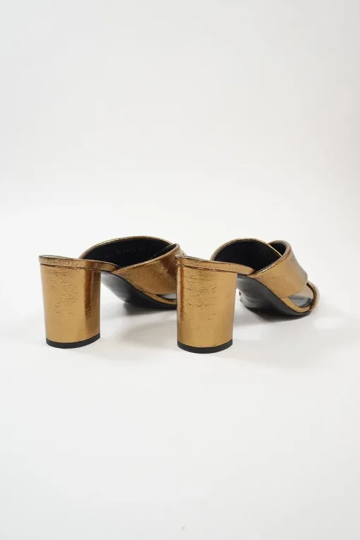 Copper foiled calfskin and leather Loulou criss-cross block heel mules