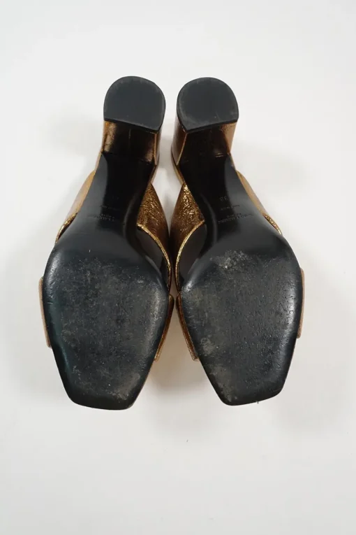 Copper foiled calfskin and leather Loulou criss-cross block heel mules