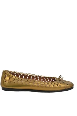 Copper foiled laser-cut lambskin bow-embellished round-toe ballerina pumps
