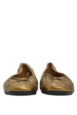 Copper foiled laser-cut lambskin bow-embellished round-toe ballerina pumps
