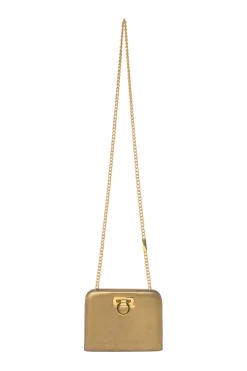 Copper foiled leather mini Gancini chain 3 in one bag. Can be styled as a clutch, crossbody or waist bag.