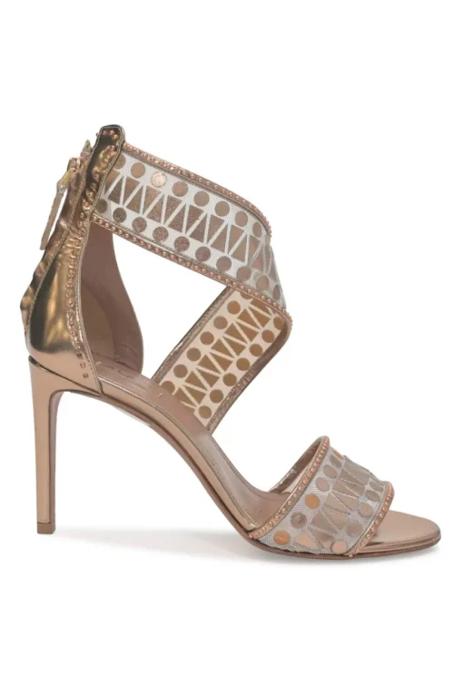 Copper foiled tulle and chrome leather half D'Orsay sandals with coiled ankle strap