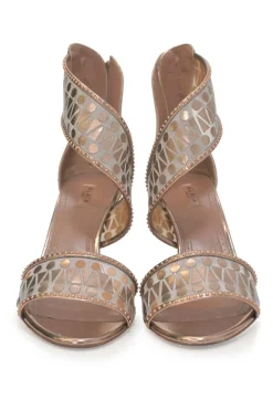 Copper foiled tulle and chrome leather half D'Orsay sandals with coiled ankle strap