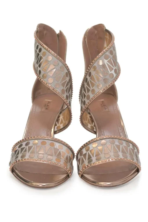 Copper foiled tulle and chrome leather half D'Orsay sandals with coiled ankle strap