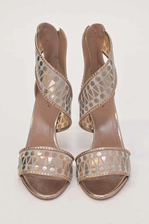 Copper foiled tulle and chrome leather half D'Orsay sandals with coiled ankle strap