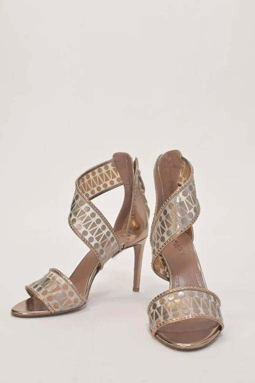 Copper foiled tulle and chrome leather half D'Orsay sandals with coiled ankle strap