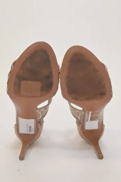 Copper foiled tulle and chrome leather half D'Orsay sandals with coiled ankle strap