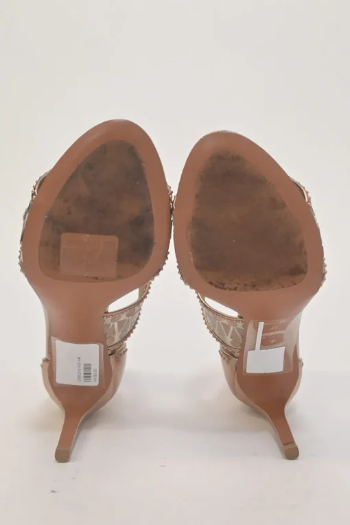 Copper foiled tulle and chrome leather half D'Orsay sandals with coiled ankle strap