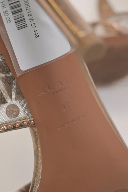 Copper foiled tulle and chrome leather half D'Orsay sandals with coiled ankle strap