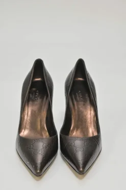 Copper GG Supreme monogram-embossed leather pointed-toe pumps with sculpted bamboo heel