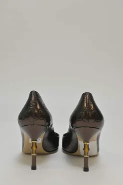Copper GG Supreme monogram-embossed leather pointed-toe pumps with sculpted bamboo heel