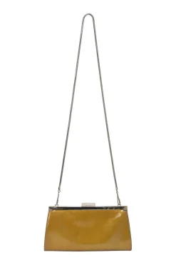 Copper patent leather crossbody kiss lock clutch with silver-tone metallic snake chain
