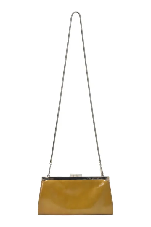 Copper patent leather crossbody kiss lock clutch with silver-tone metallic snake chain