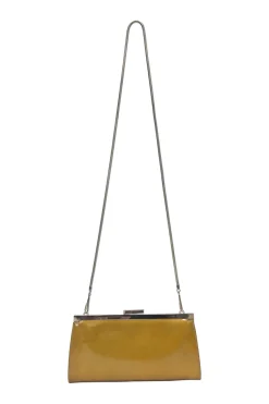 Copper patent leather crossbody kiss lock clutch with silver-tone metallic snake chain