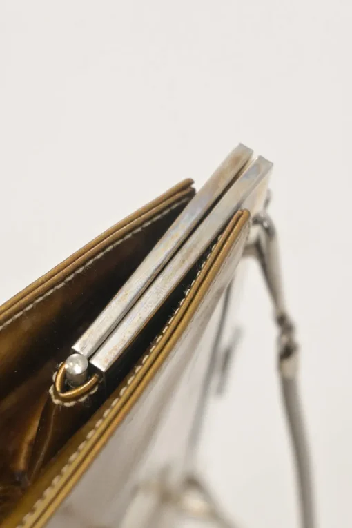 Copper patent leather crossbody kiss lock clutch with silver-tone metallic snake chain