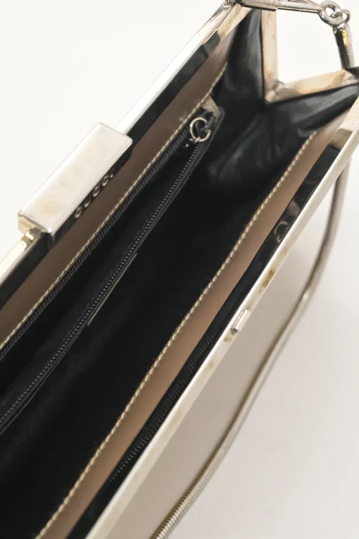 Copper patent leather crossbody kiss lock clutch with silver-tone metallic snake chain